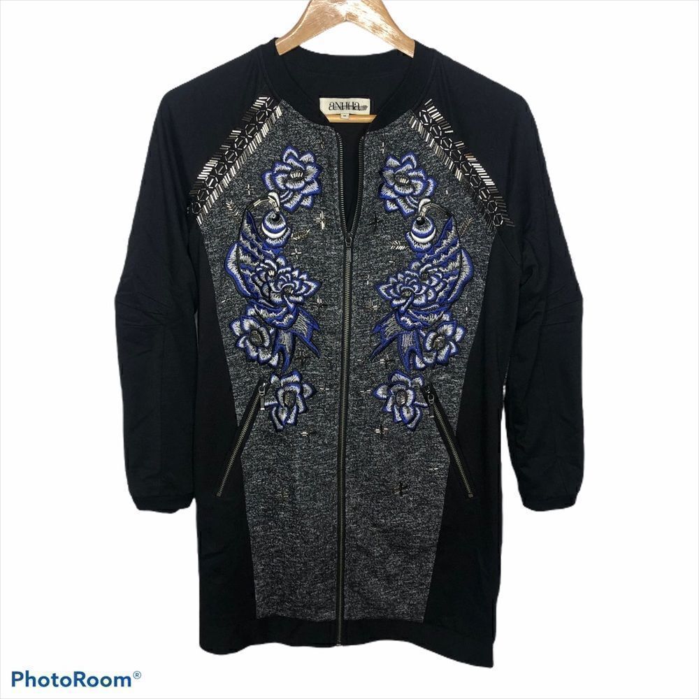 Anhha Intermix Beaded Embroidered Jacket Sweater Floral Black Zip Up M Gray Med